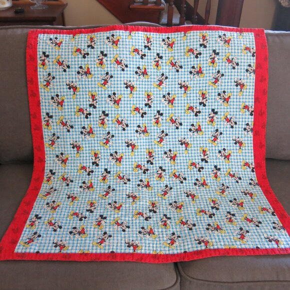 Vintage Handmade Handsewn Bears On Go Micky Mouse Double Sided Cotton Quilt - Picture 3 of 16